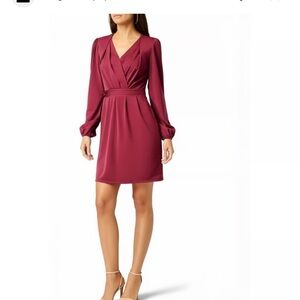 NWT Kate Kasin Mini Burgundy V-Neck Wrap Pleated Cocktail dress size S